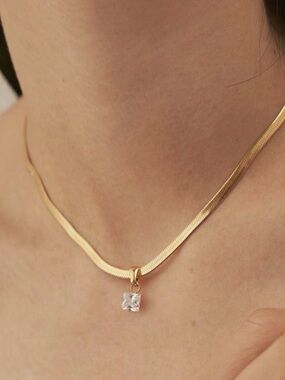 Gold Square Pendant Herringbone Necklace (9723)